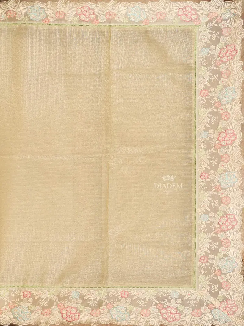 Pista Green Semi Banarasi Saree With Plain Body And Floral Embroidery Border 2
