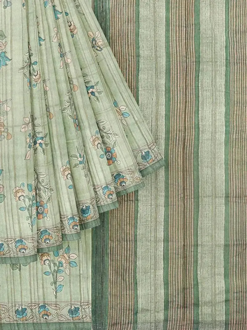 Pista Green Semi Tussar Silk Saree With Floral Prints On The Body And Printed Border 1