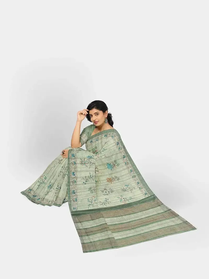 Pista Green Semi Tussar Silk Saree With Floral Prints On The Body And Printed Border 2