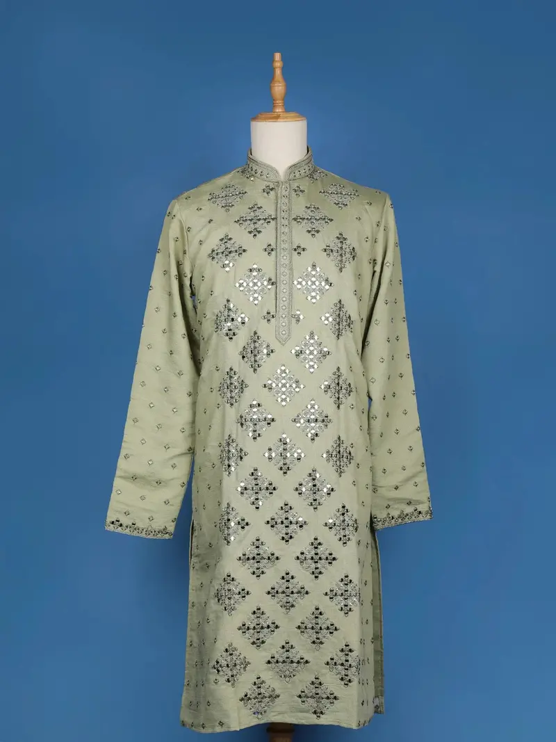 Pista Green Sequins And Mirror Work Raw Silk Kurta Set With Pant 1