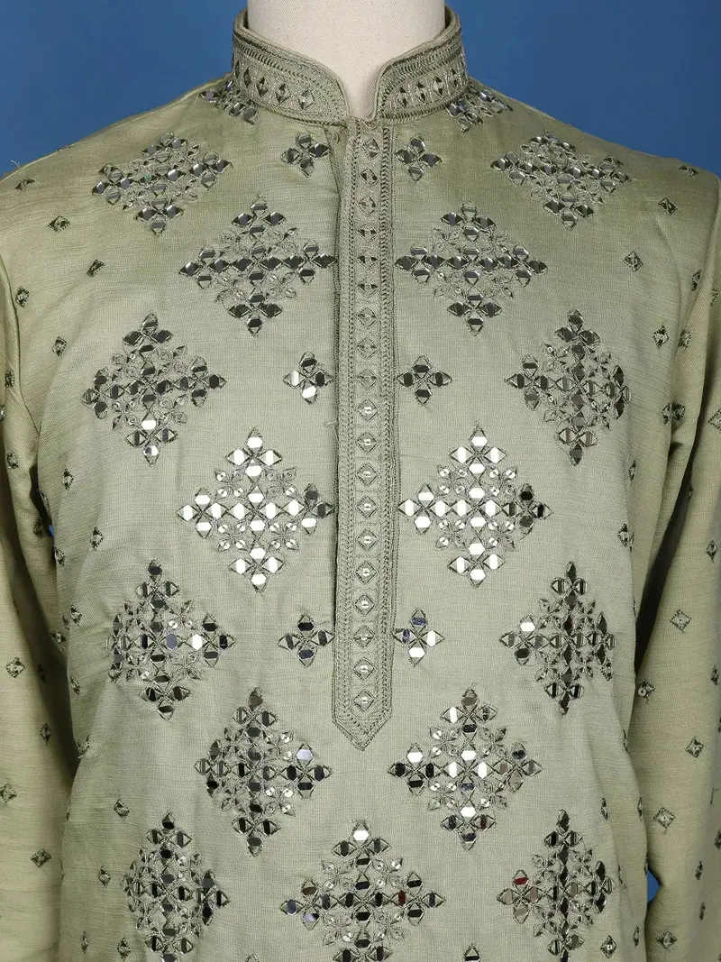 Pista Green Sequins And Mirror Work Raw Silk Kurta Set With Pant 2