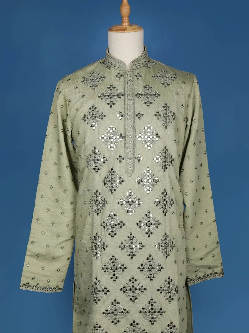 Pista Green Sequins And Mirror Work Raw Silk Kurta Set With Pant 3