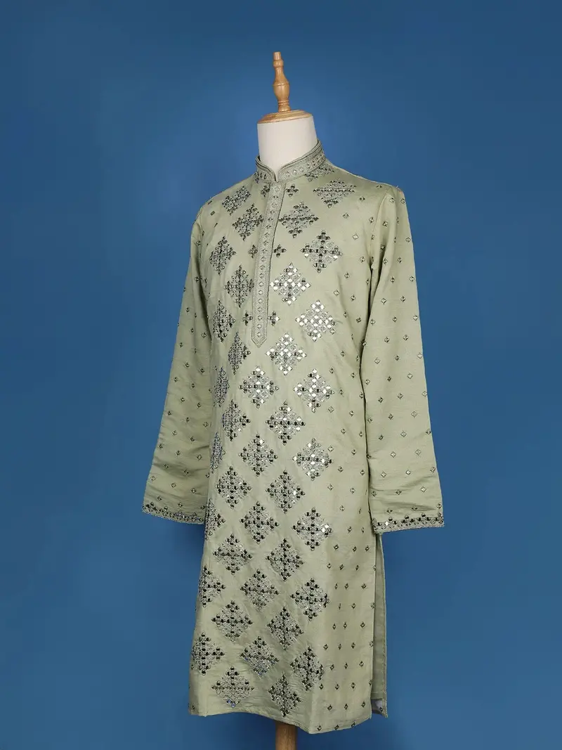 Pista Green Sequins And Mirror Work Raw Silk Kurta Set With Pant 4