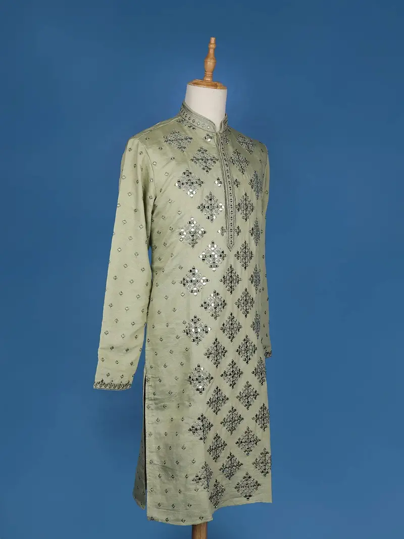 Pista Green Sequins And Mirror Work Raw Silk Kurta Set With Pant 5