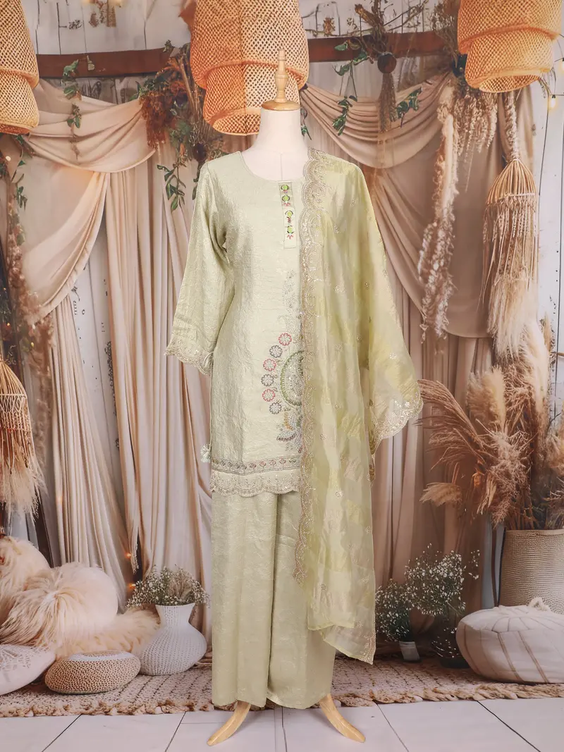 Pista Green Sequins Embroidered Design Crushed Material Palazzo Suit With Dupatta 1