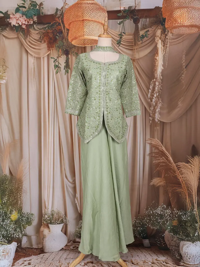Pista Green Sequins Embroidered Design Georgette Palazzo Suit 1