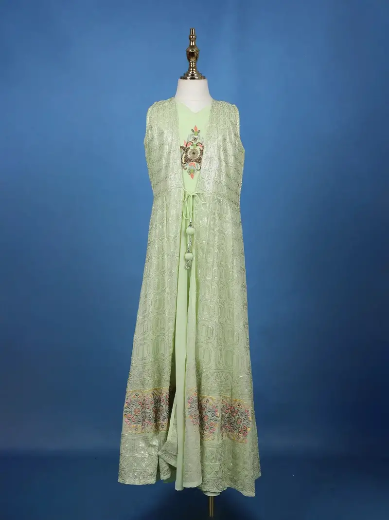 Pista Green Sequins Embroidery Net Gown 1