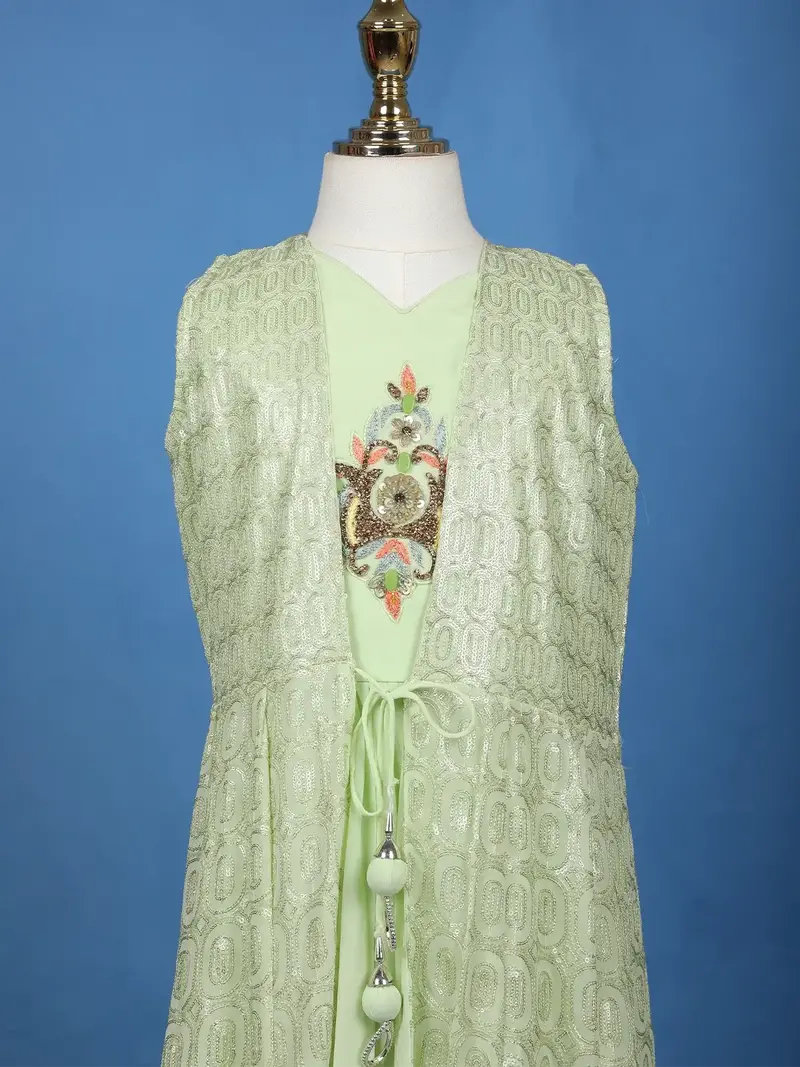 Pista Green Sequins Embroidery Net Gown 2