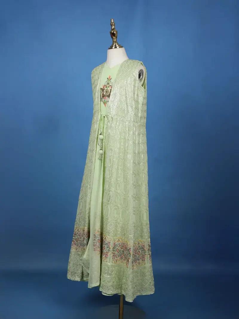 Pista Green Sequins Embroidery Net Gown 3