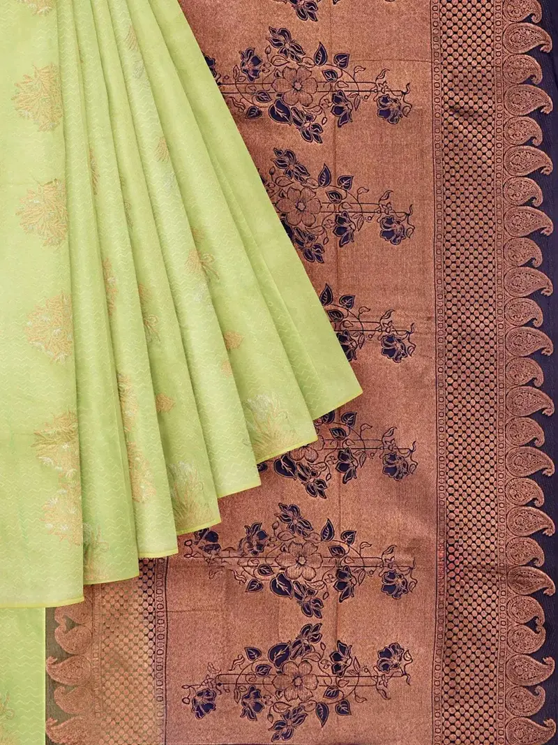Pista Green Silk Saree With Floral Motif On The Body And Without Border 1