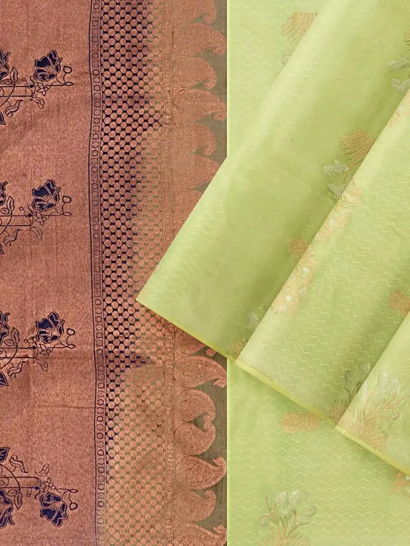 Pista Green Silk Saree With Floral Motif On The Body And Without Border 2