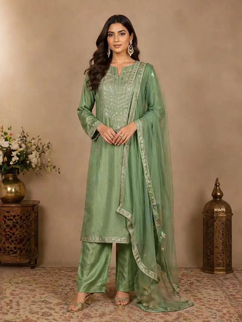 Pista Green Straight Cut Salwar Suit Adorned With Sequins And Floral Designs, With 3/4 Sleeve And Matching Dupatta 1