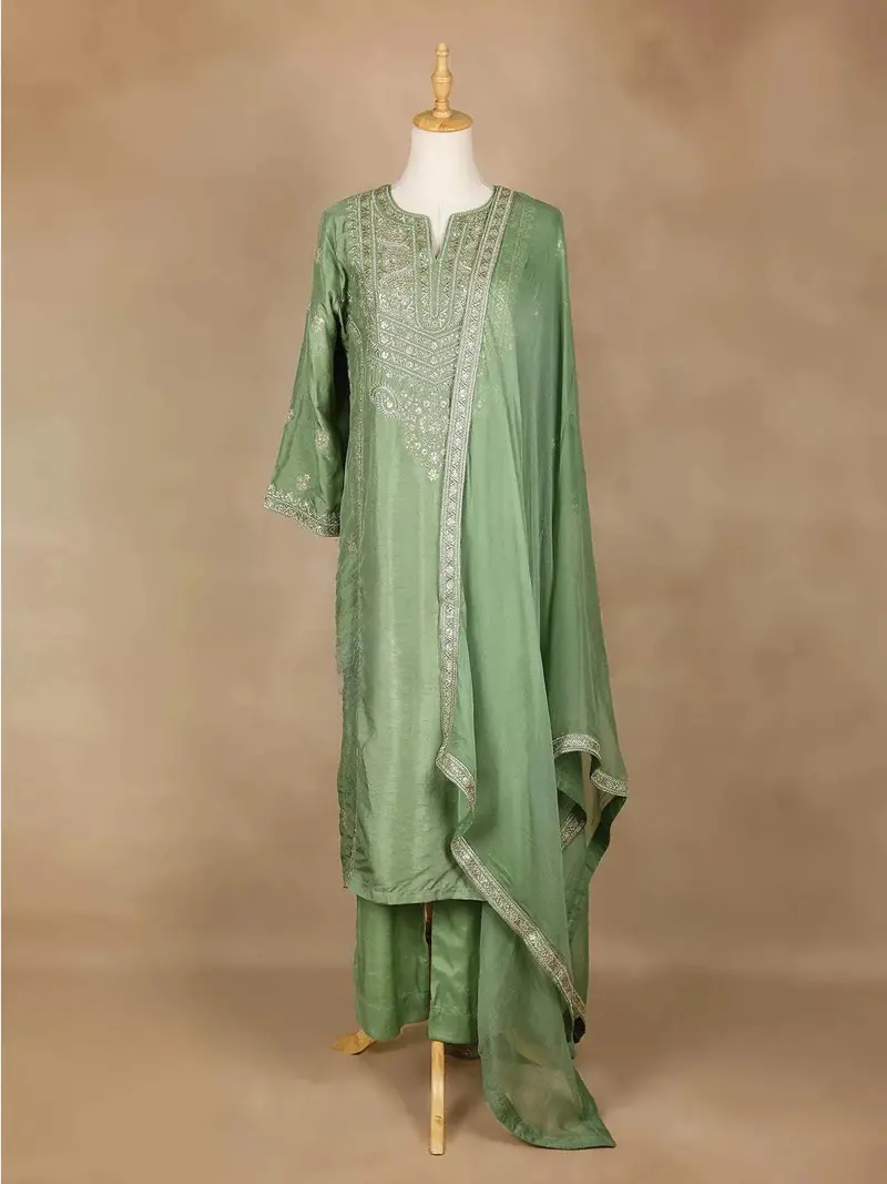 Pista Green Straight Cut Salwar Suit Adorned With Sequins And Floral Designs, With 3/4 Sleeve And Matching Dupatta 2