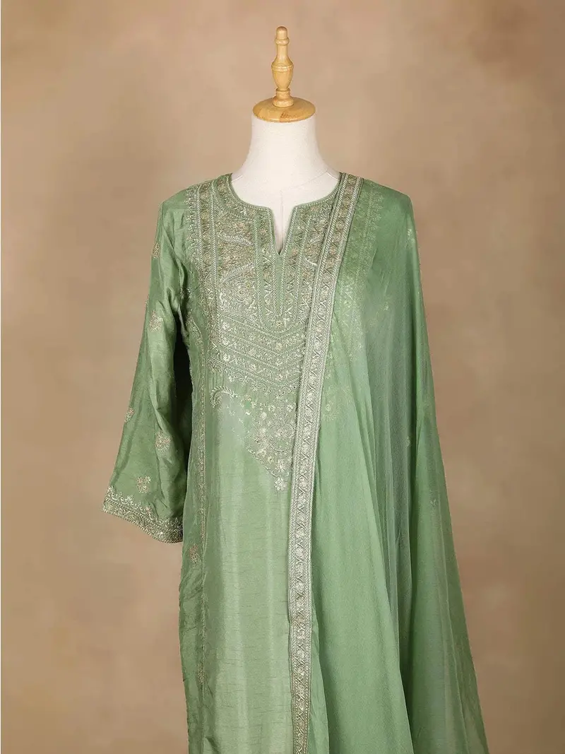 Pista Green Straight Cut Salwar Suit Adorned With Sequins And Floral Designs, With 3/4 Sleeve And Matching Dupatta 3