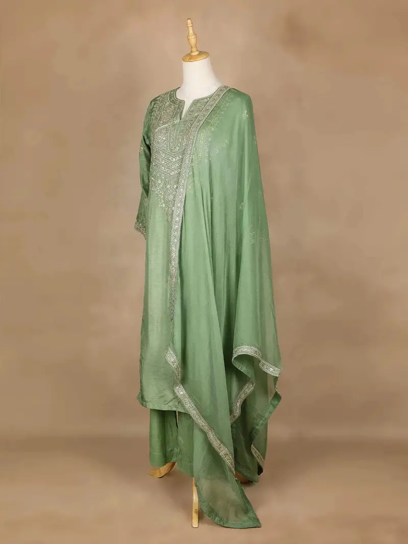 Pista Green Straight Cut Salwar Suit Adorned With Sequins And Floral Designs, With 3/4 Sleeve And Matching Dupatta 4