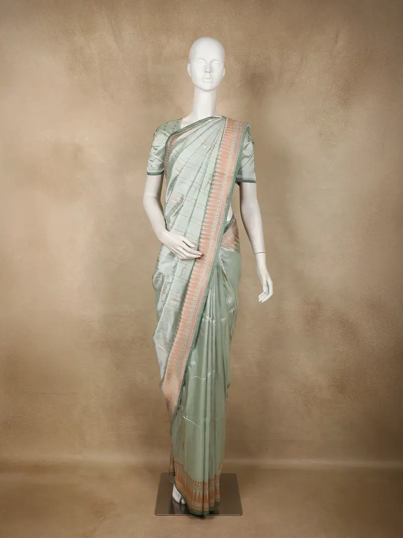 Pista Green Stripes Woven Design Pure Banarasi Saree 1