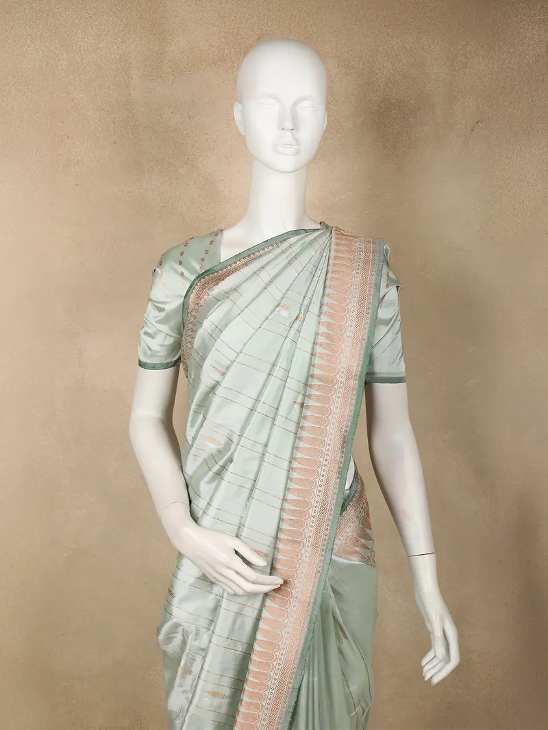 Pista Green Stripes Woven Design Pure Banarasi Saree 2
