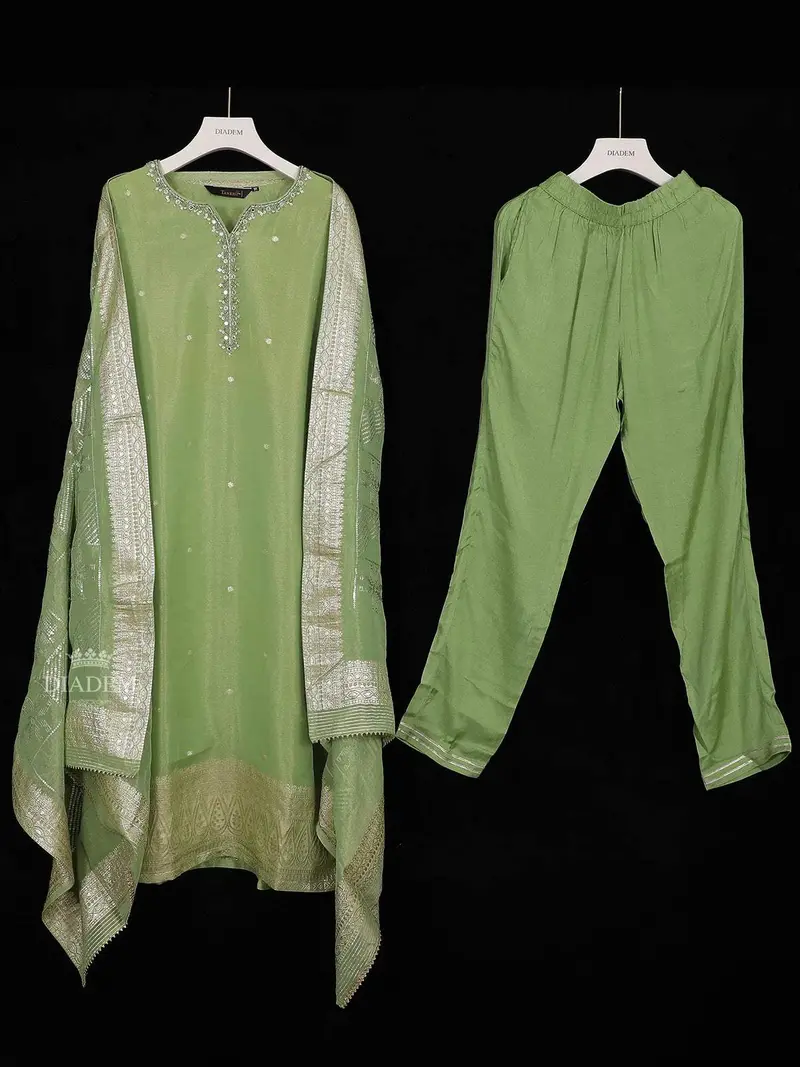Pista Green Tissue Banarasi Straight Cut Salwar Suit For Women Adorned With Floral Embroidery, Paired With Dupatta 1