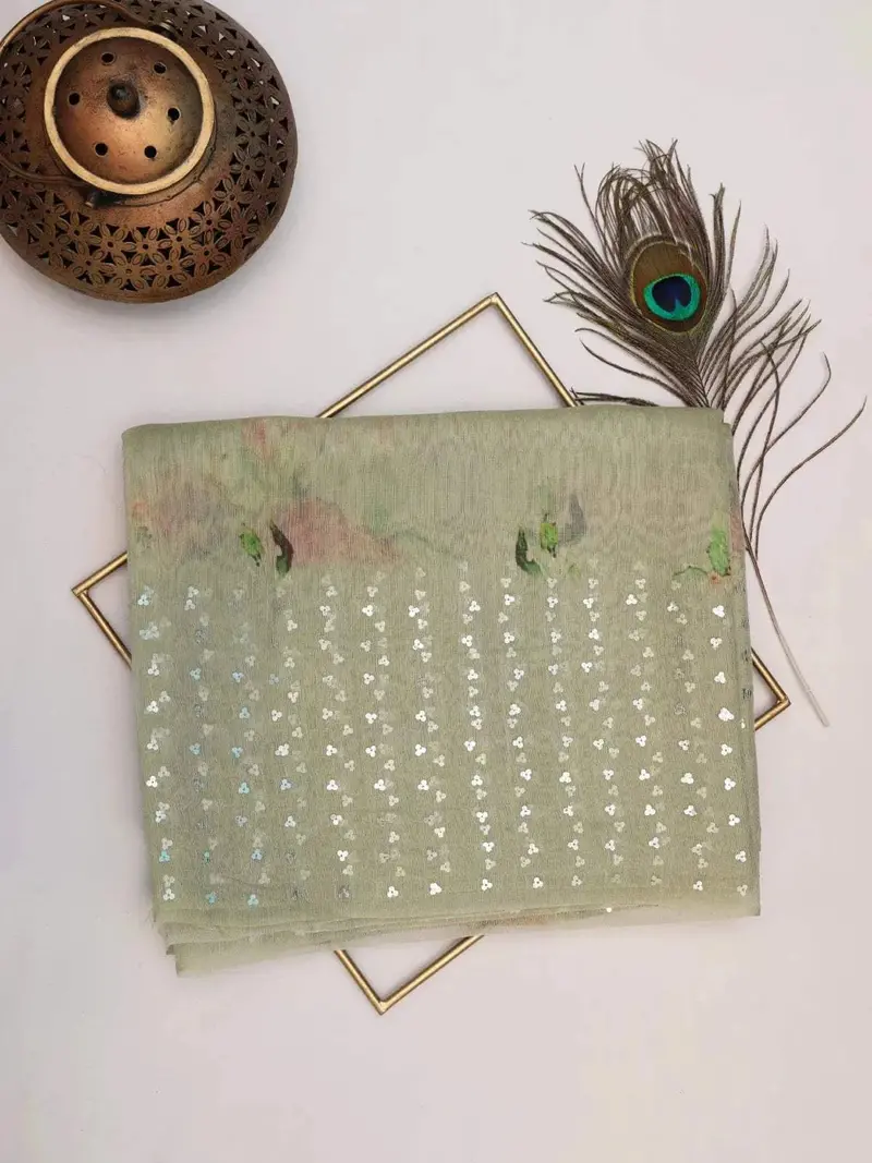 Pista Green Tussar Silk Saree With Floral Printed Design On The Body And Sequins Border 1