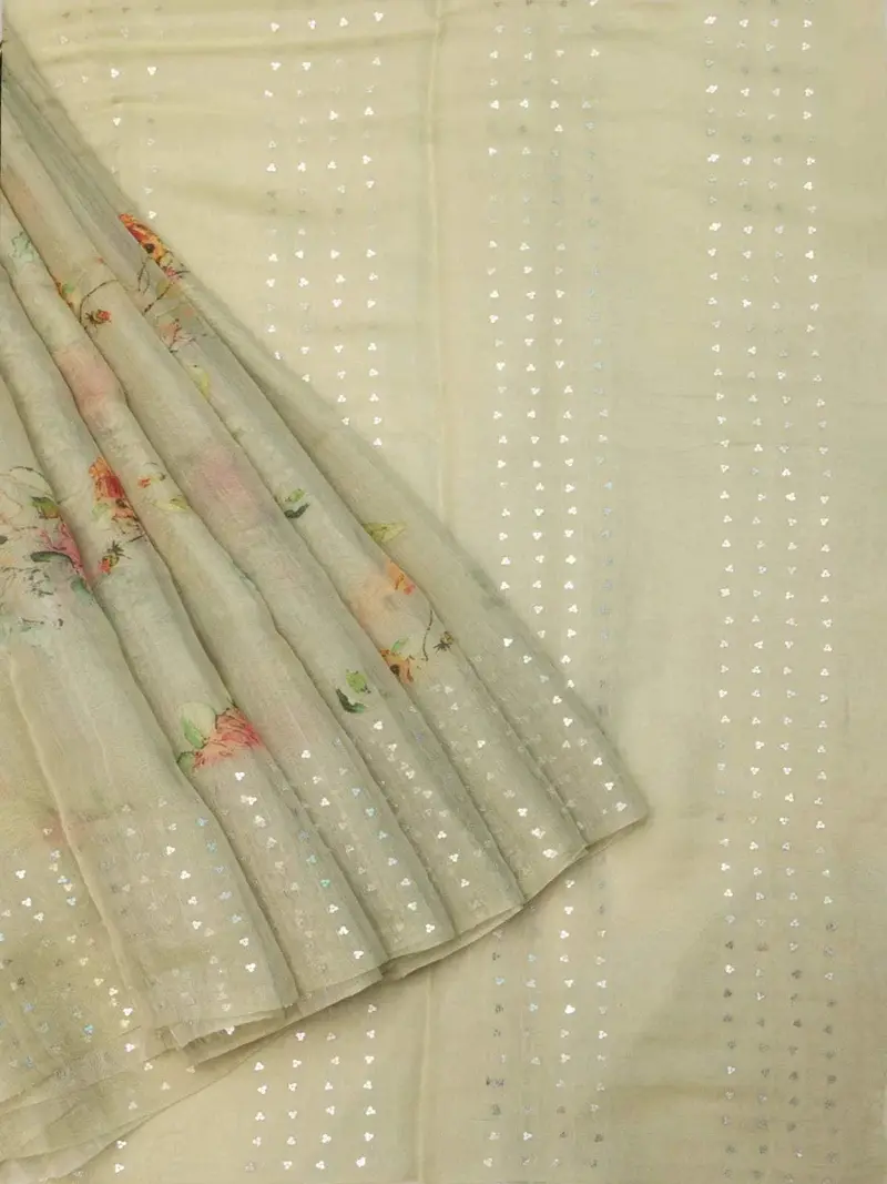 Pista Green Tussar Silk Saree With Floral Printed Design On The Body And Sequins Border 2