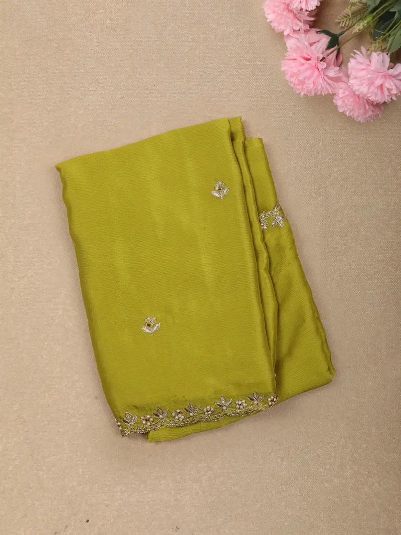 Pistachio Green Beads Embroidered Design Design Chiffon Saree 1