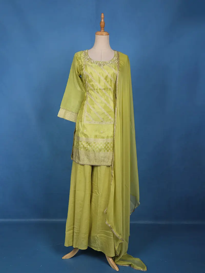 Pistachio Green Floral Design Silk Palazzo Suit 1