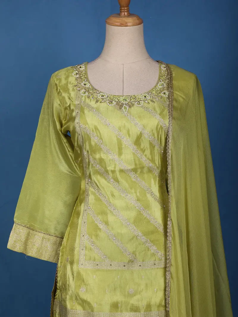 Pistachio Green Floral Design Silk Palazzo Suit 2