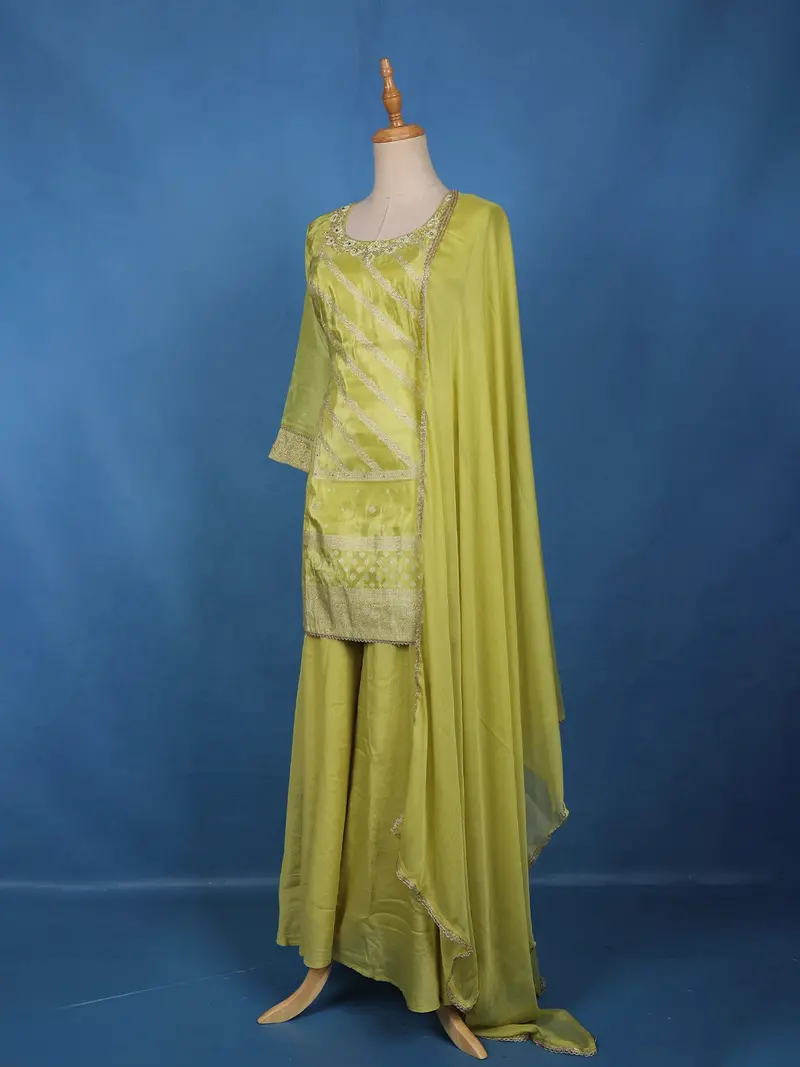 Pistachio Green Floral Design Silk Palazzo Suit 3