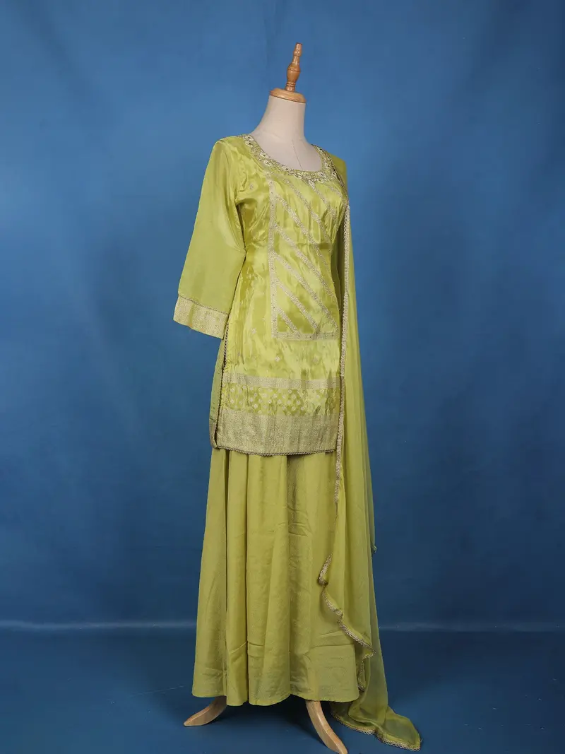 Pistachio Green Floral Design Silk Palazzo Suit 4