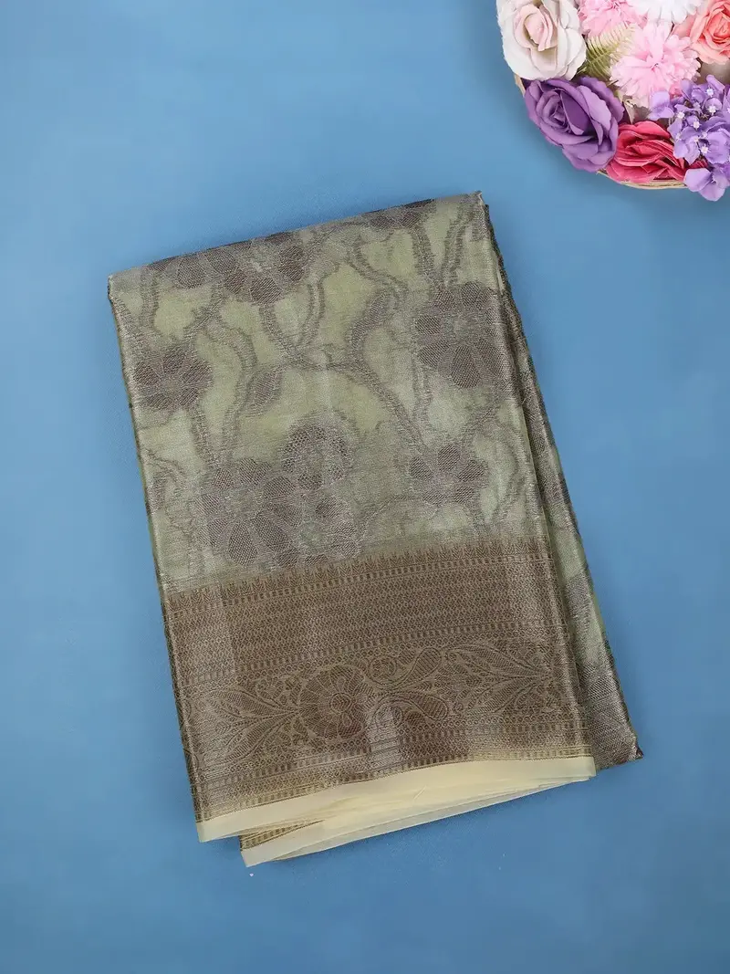 Pistachio Green Floral Design Woven Tissue Silk Saree 1
