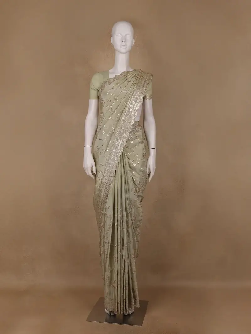 Pistachio Green Floral Embroidered Tissue Silk Saree With Scallop Border 1