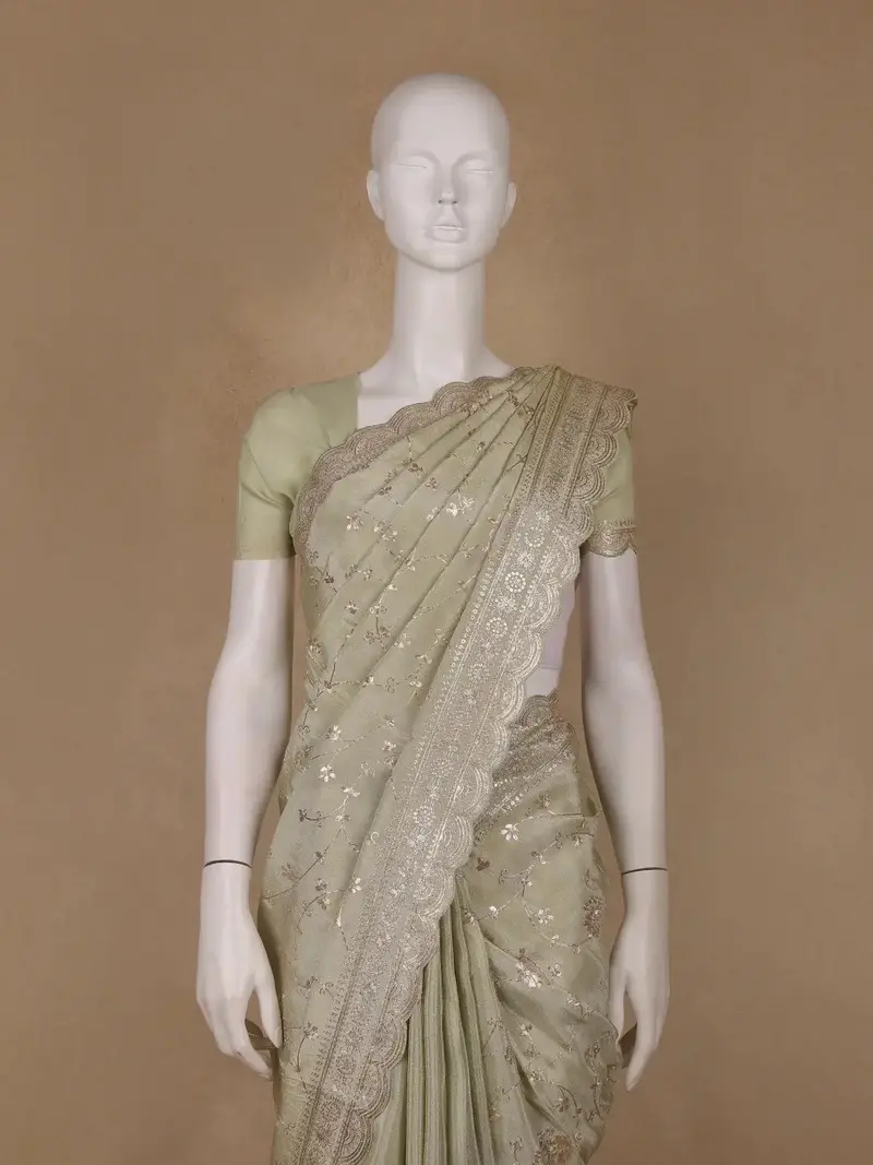 Pistachio Green Floral Embroidered Tissue Silk Saree With Scallop Border 2