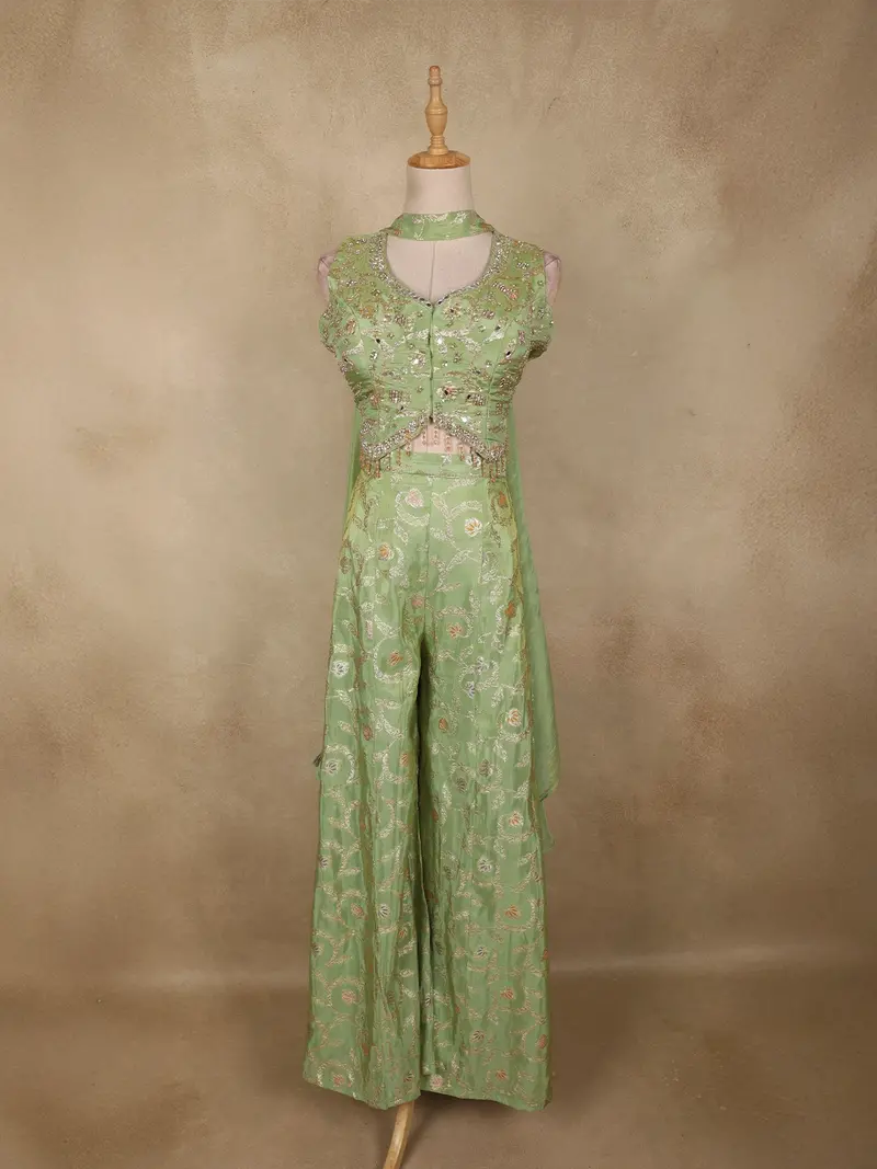 Pistachio Green Floral Sequins Embroidered Design Banarasi Silk Palazzo Suit With Dupatta 1