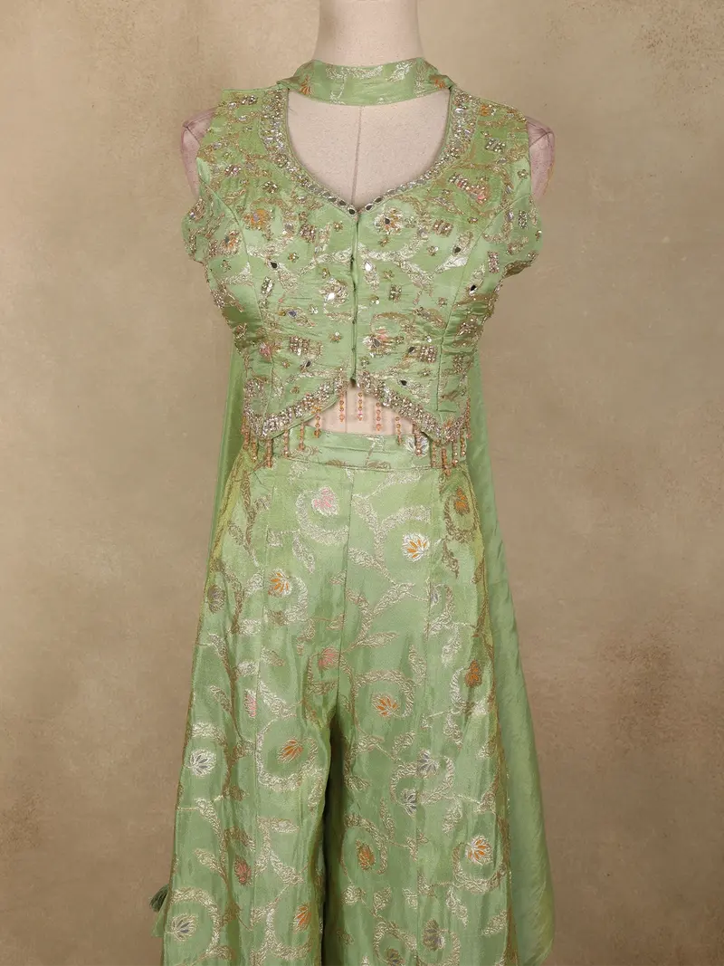 Pistachio Green Floral Sequins Embroidered Design Banarasi Silk Palazzo Suit With Dupatta 2