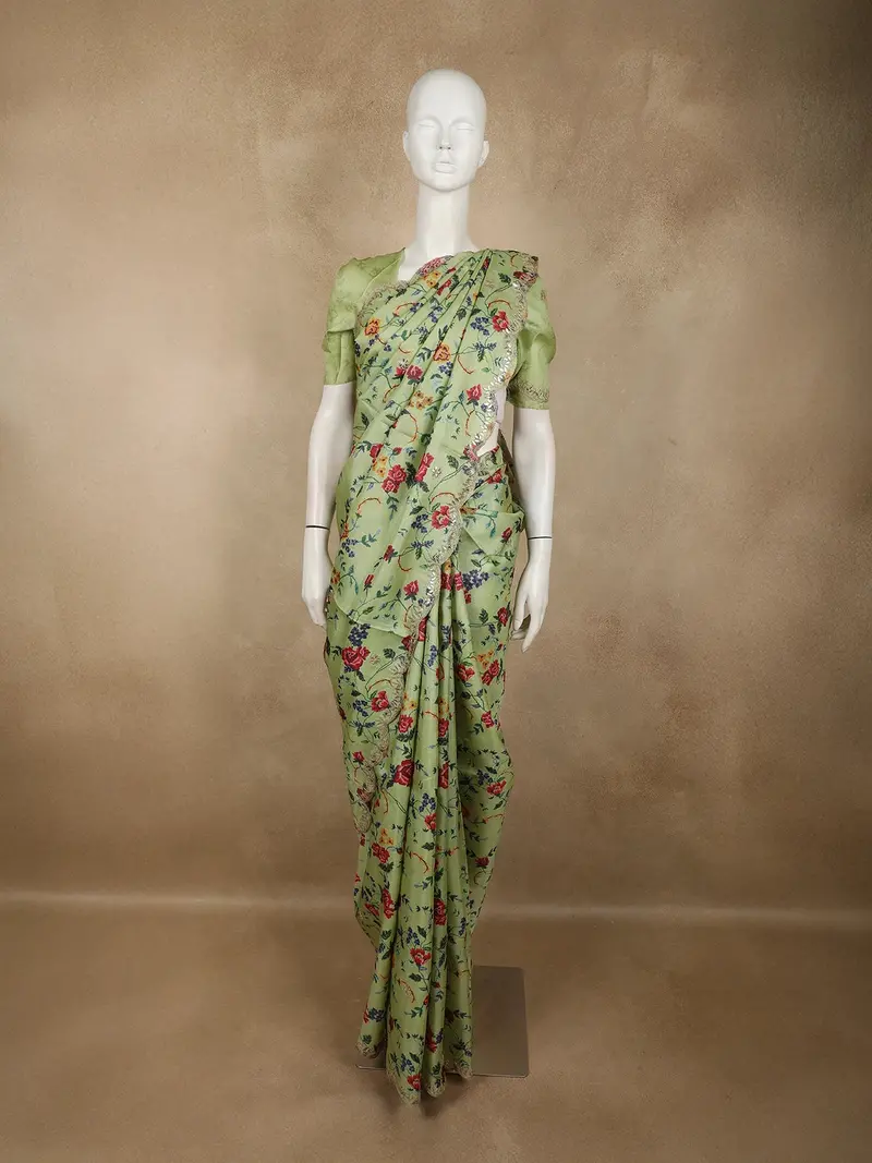 Pistachio Green Floral Woven Design Pure Tussar Silk Fancy Saree With Scalloped Border 1