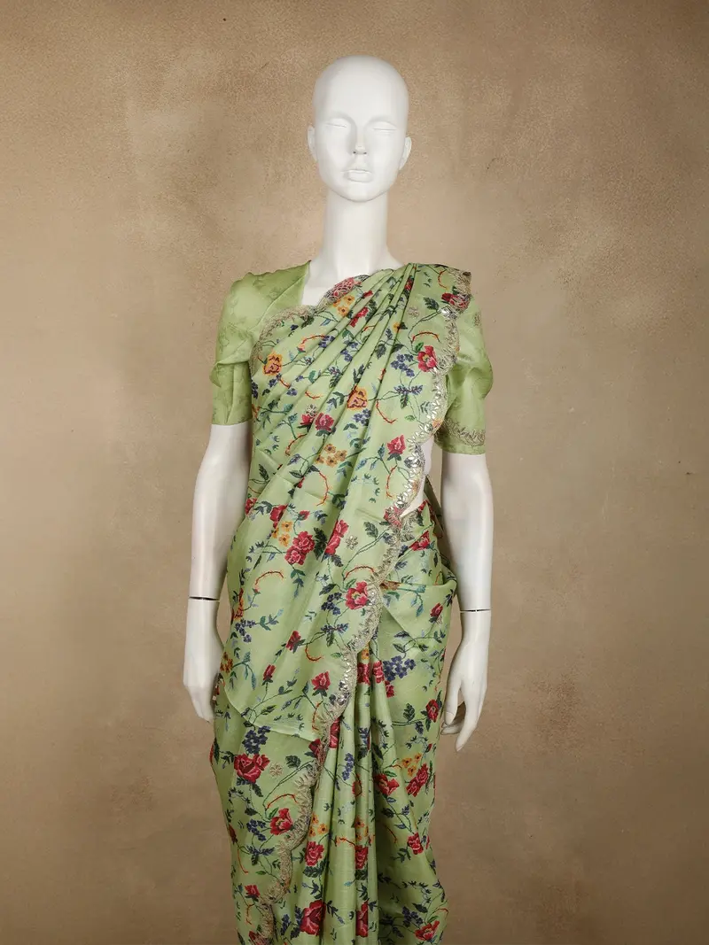 Pistachio Green Floral Woven Design Pure Tussar Silk Fancy Saree With Scalloped Border 2