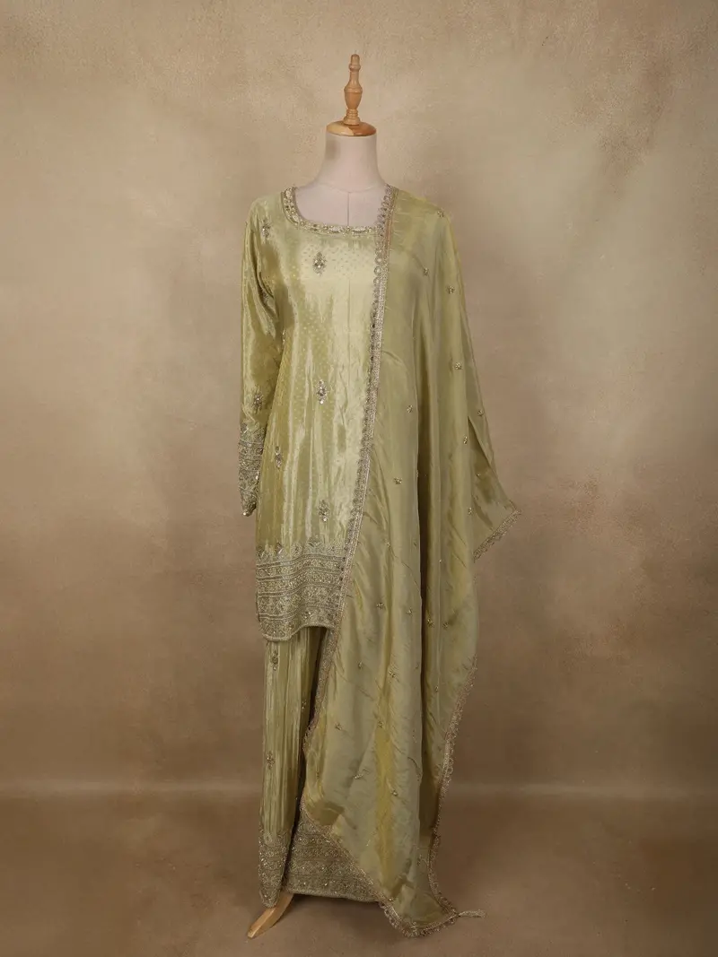 Pistachio Green Sequins And Beads Embroidered Design Tissue Silk Sharara Suit With Dupatta 1
