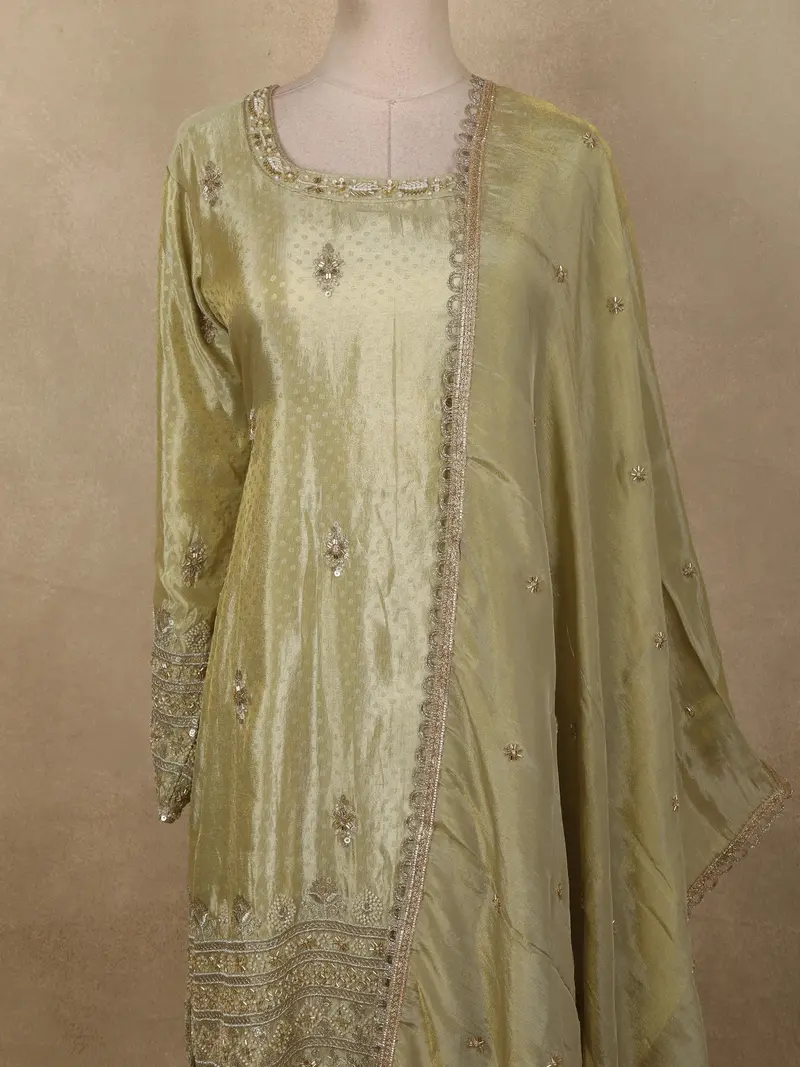 Pistachio Green Sequins And Beads Embroidered Design Tissue Silk Sharara Suit With Dupatta 2