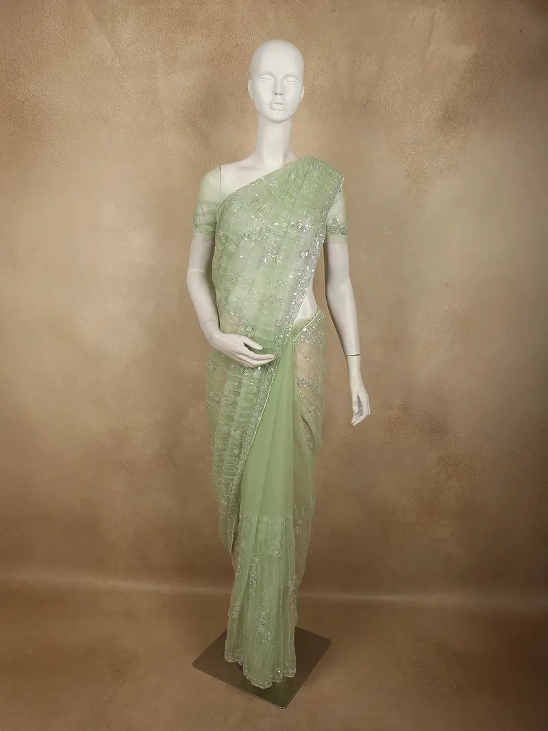 Pistachio Pastel Green Striped Sequins Embroidered Design Net Designer Saree With Designed Border 1