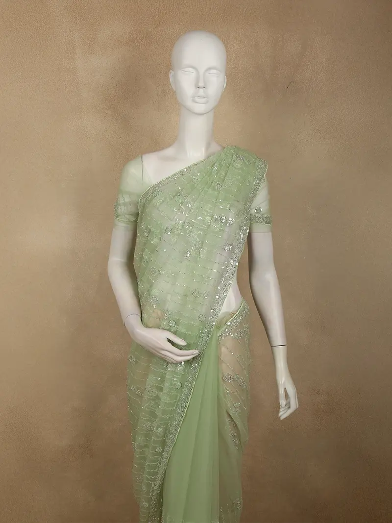 Pistachio Pastel Green Striped Sequins Embroidered Design Net Designer Saree With Designed Border 2