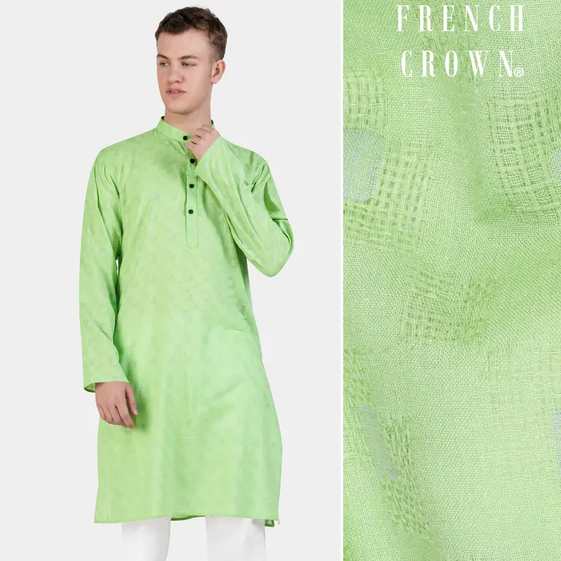 Pixie Green Geometric Dobby Textured Premium Giza Cotton Kurta 1