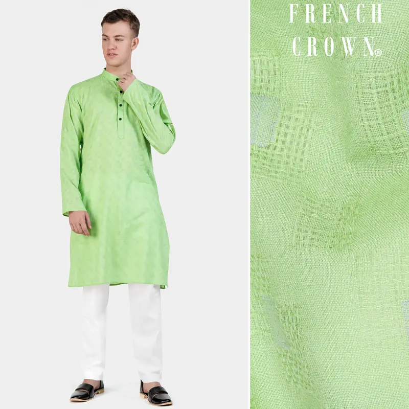 Pixie Green Geometric Dobby Textured Premium Giza Cotton Kurta Set 1