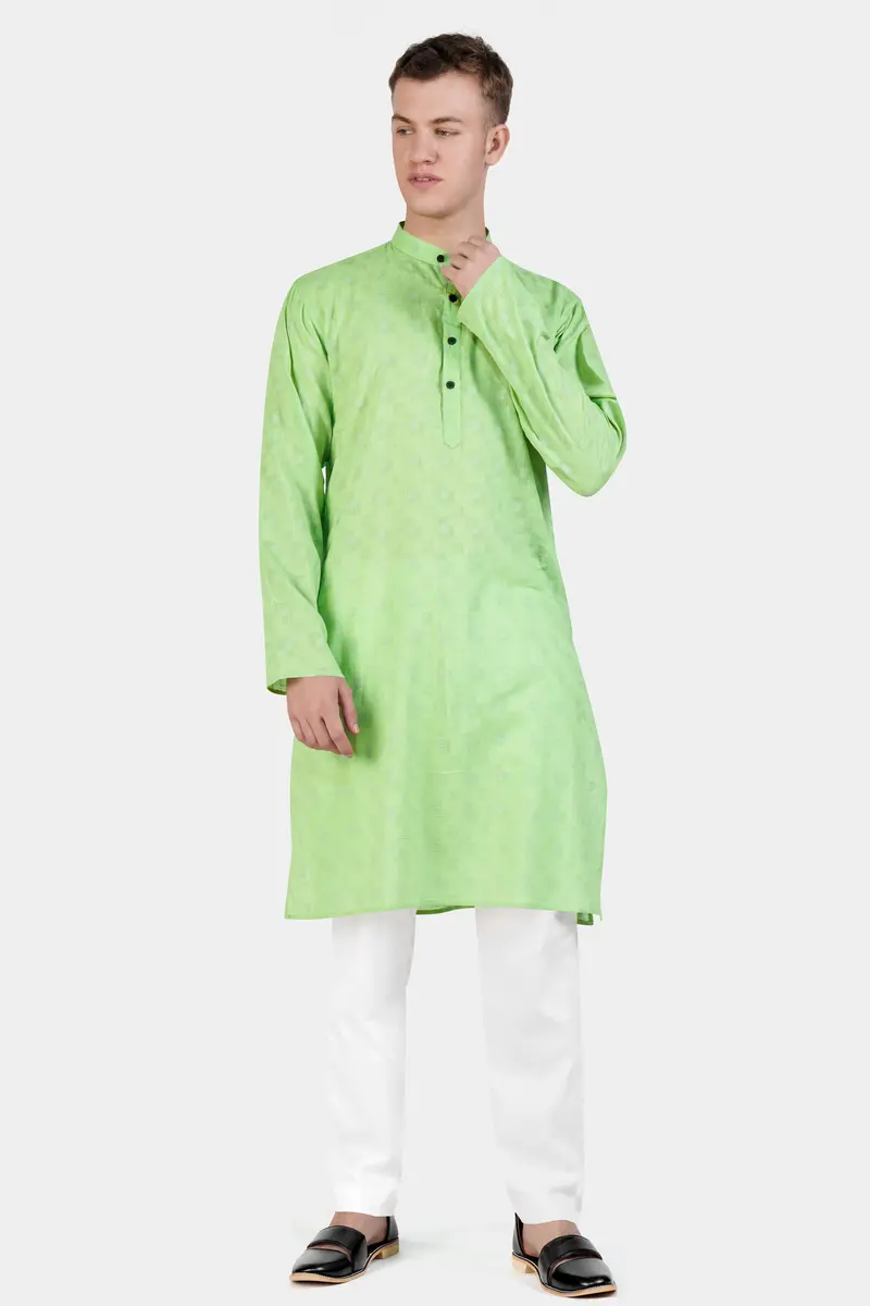 Pixie Green Geometric Dobby Textured Premium Giza Cotton Kurta Set 2