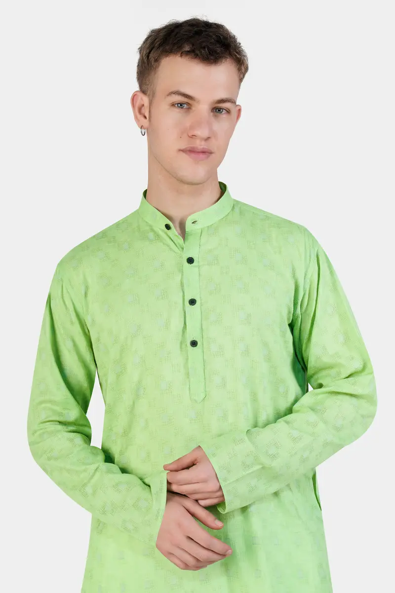 Pixie Green Geometric Dobby Textured Premium Giza Cotton Kurta Set 4