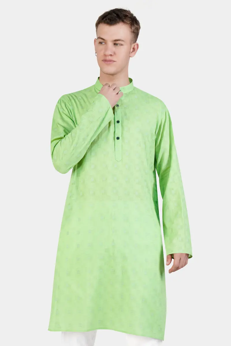 Pixie Green Geometric Dobby Textured Premium Giza Cotton Kurta Set 5