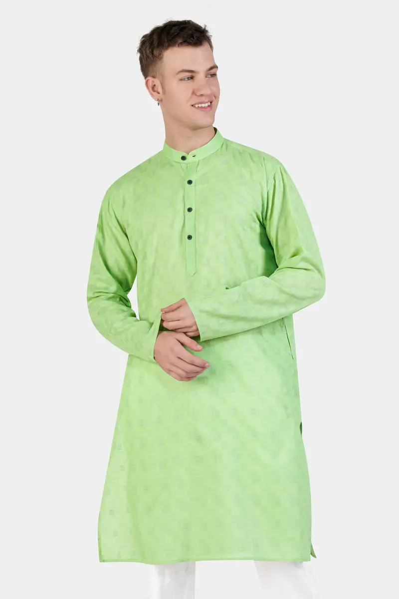 Pixie Green Geometric Dobby Textured Premium Giza Cotton Kurta Set 6