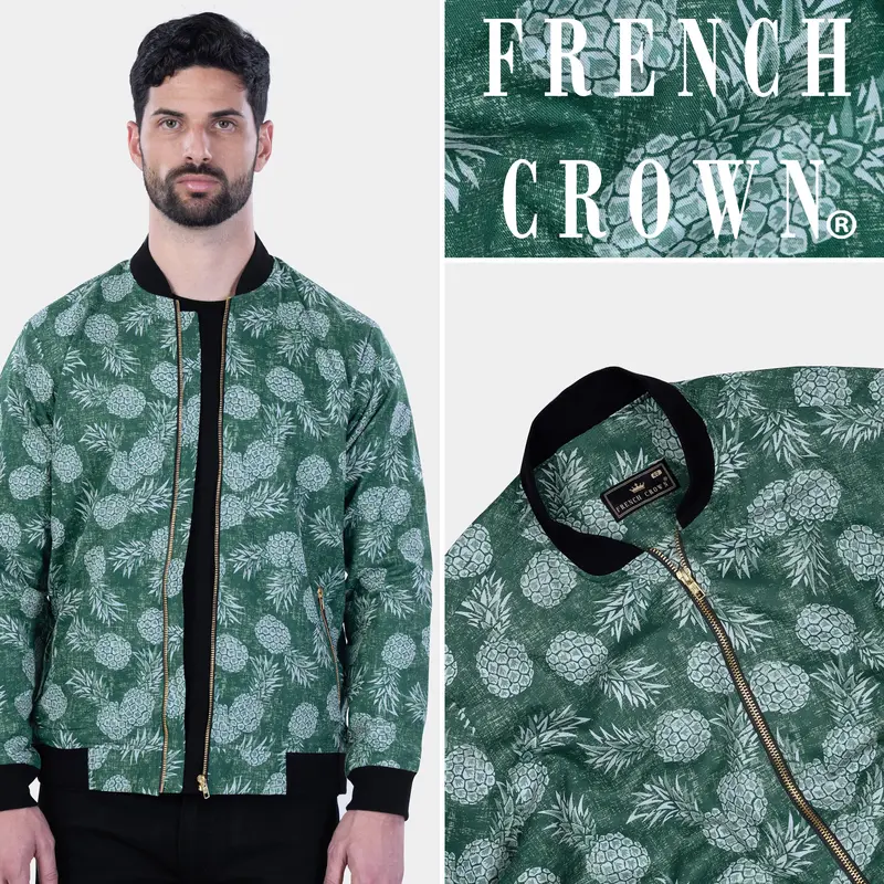 Plantation Green Pineapple Printed Premium Cotton Bomber Jacket 1