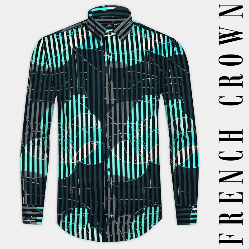 Plantation Green With Almond Beige And Mountain Green Linear Abstract Printed Subtle Sheen Super Soft Premium Cotton Designer Shirt 1
