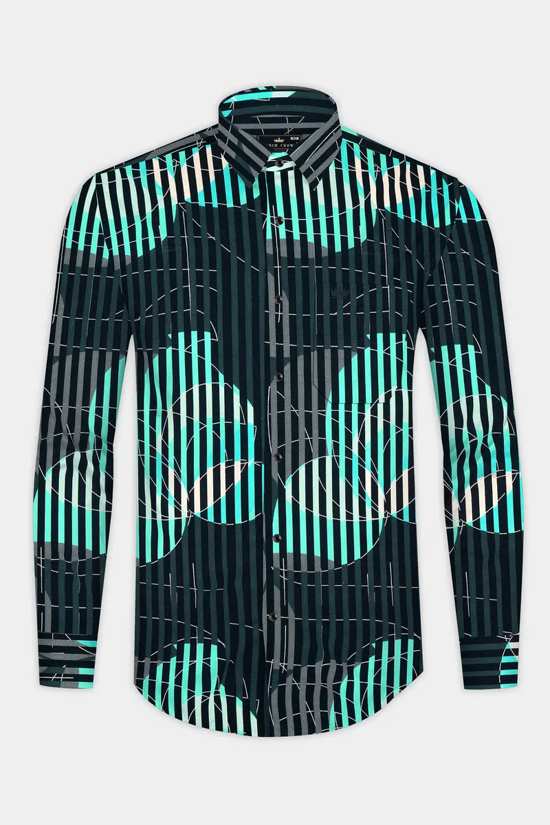 Plantation Green With Almond Beige And Mountain Green Linear Abstract Printed Subtle Sheen Super Soft Premium Cotton Designer Shirt 2