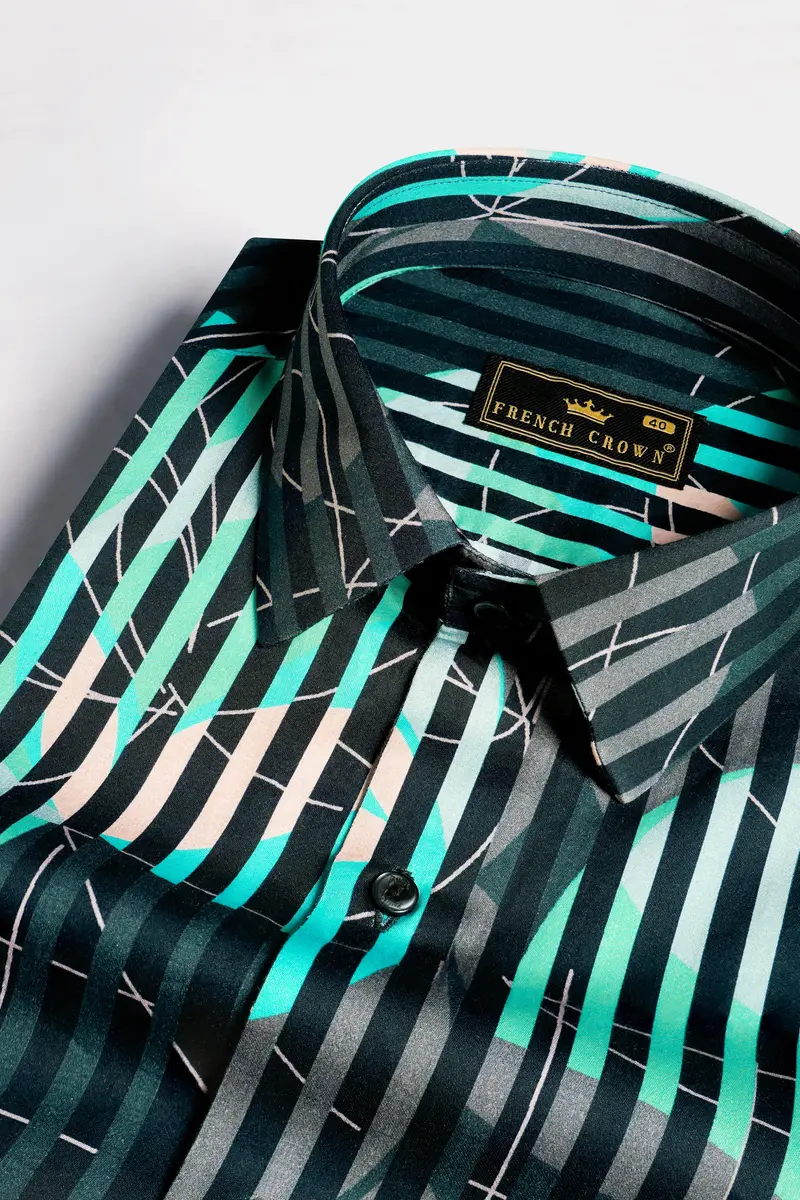 Plantation Green With Almond Beige And Mountain Green Linear Abstract Printed Subtle Sheen Super Soft Premium Cotton Designer Shirt 4
